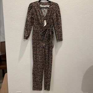 La Vie Rebecca Taylor Black Ditsy Floral Wrap Jumpsuit